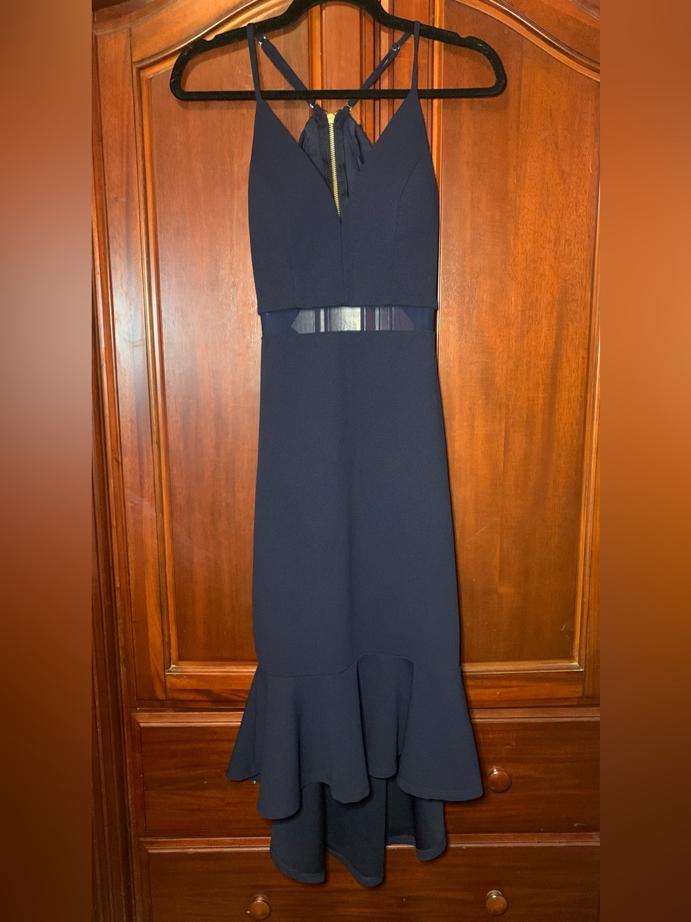 Women's Navy V-Neck Mermaid Dress with Sheer Waist Love Nickie Lew